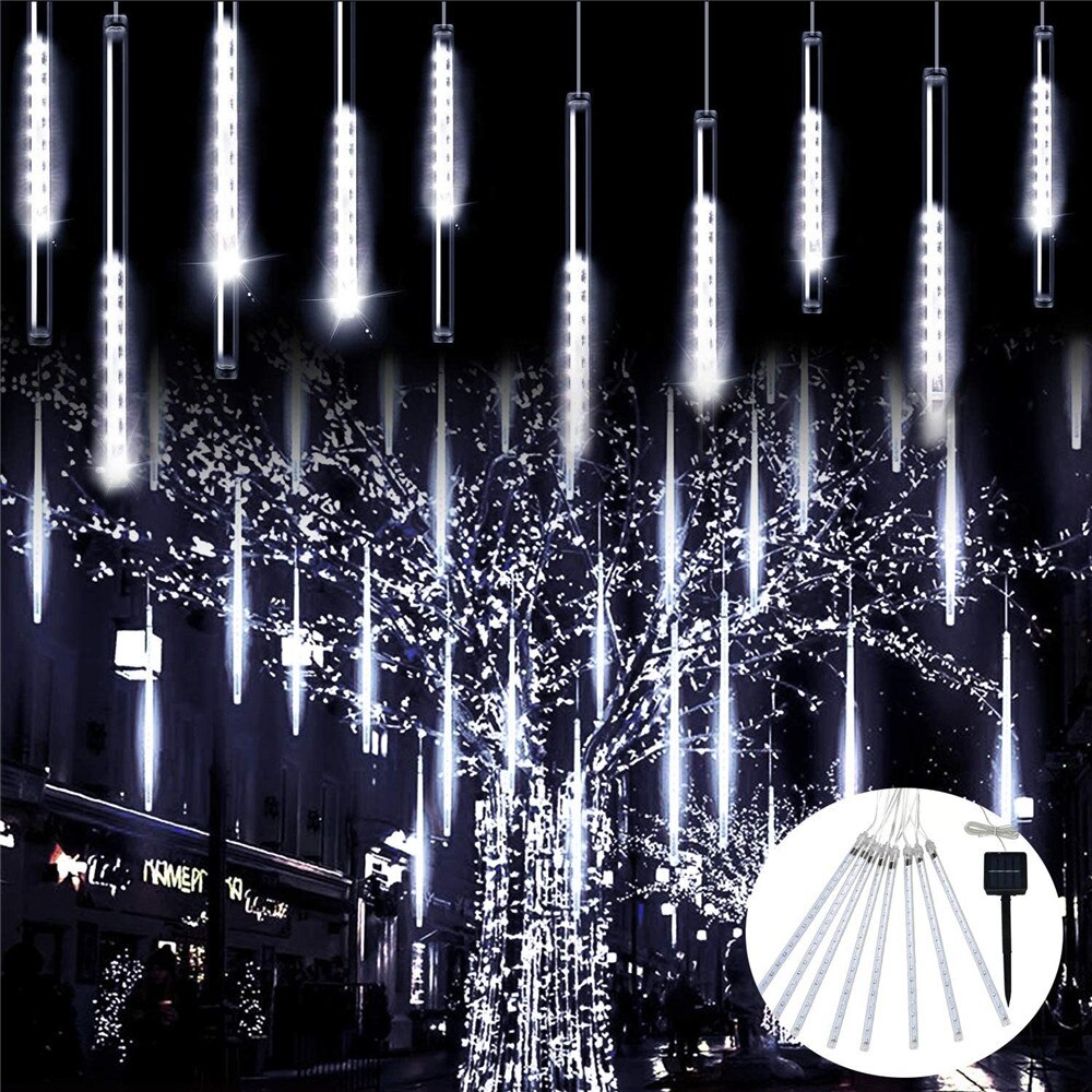Guirlande lumineuse solaire à led avec pluie de météores et glaçons pour noël, idéale pour une fête, une décoration de patio ou de maison: Blanc / 50cm 288 leds