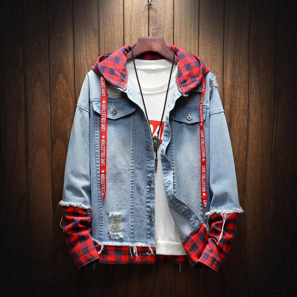 Mens Jackets And Coats Blue Holes Denim Coats Men Spring Autumn Loose Casual Jean Jackets plaid Denim Jackets