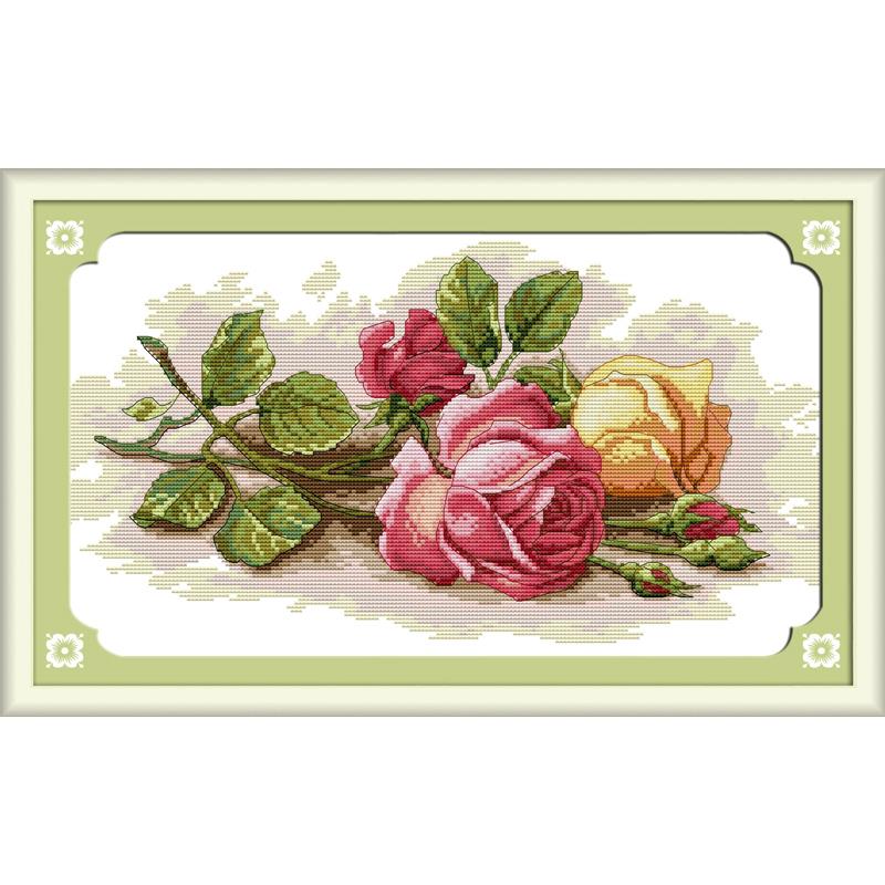 Bloemen Gestempeld Borduurpakketten Vreugde Zondag Kleurrijke Rose Gedrukt 11CT 14CT Telpatroon Borduurwerk Handwerken Sets: H091 / 14CT Printed Cloth