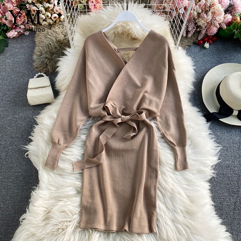 Yuoomuoo Vrouwen Lange Mouw Trui Jurk Vrouwen Trui Casual Herfst Winter Jurk V Hals A-lijn Korte Mini Gebreide Jurk: Khaki