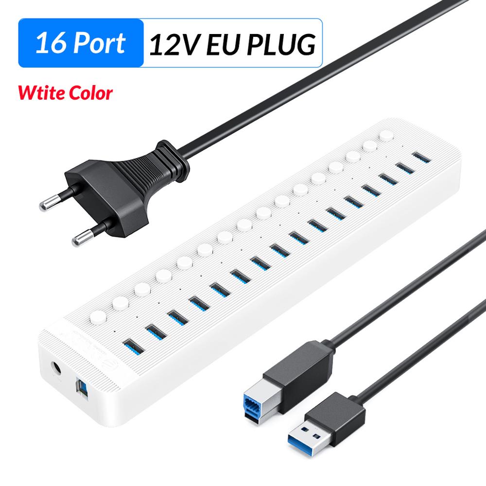 ORICO Industrial USB 3.0 HUB 7/10/13/16 ABS USB OTG Splitter On/Off Switch With 12V Power Adapter Support Charger For Computer: White 16 Port EU