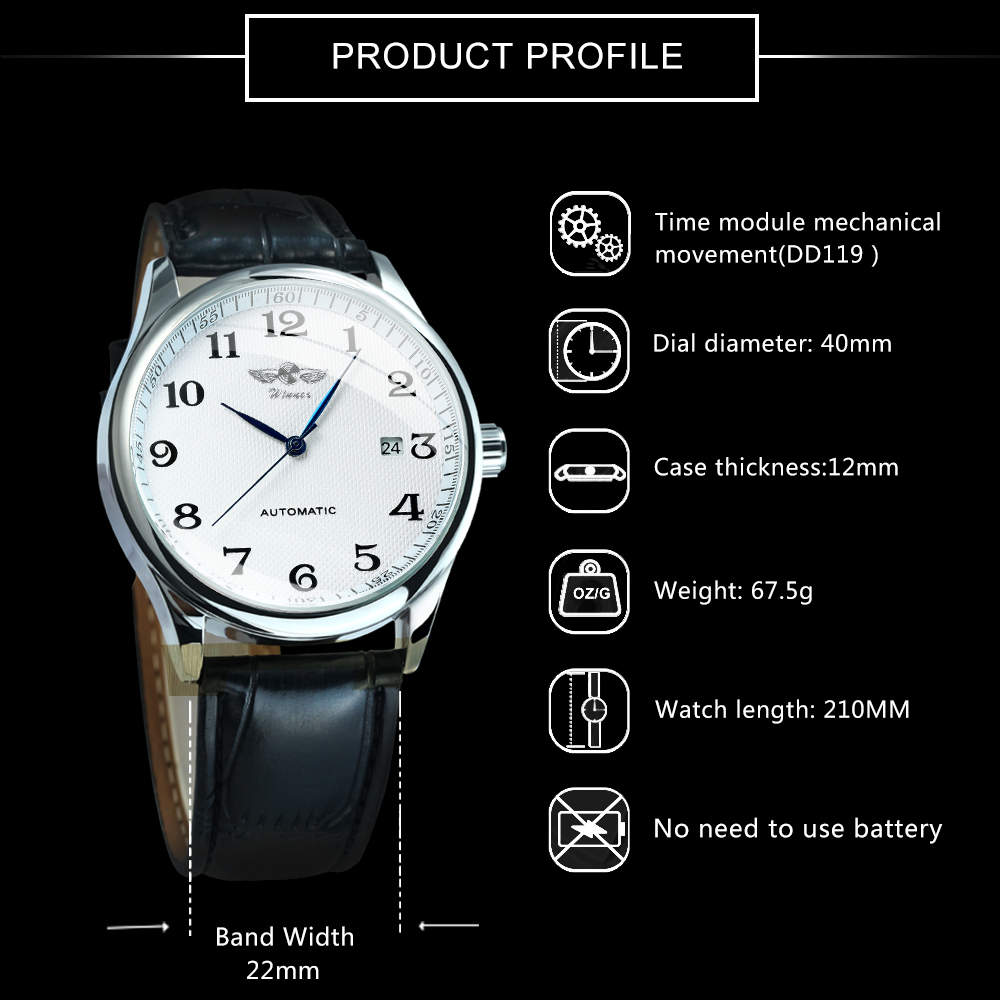 Winner Klassische Business-Armbanduhr für Herren, Retro-Kalender, blaue Zeiger, automatische mechanische Uhren, Top, Luxus-Stahl-Ledergürtel