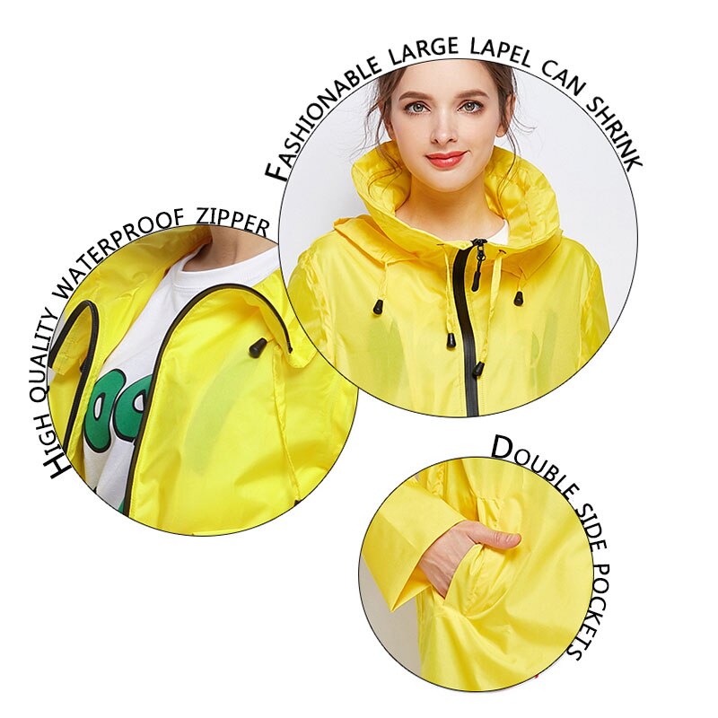 Waterproof Yellow Raincoat Women Ladies Girls Outdoors Rain Poncho with Zipper Hooded Adults Impermeable Rain Coat Jacket 60A046