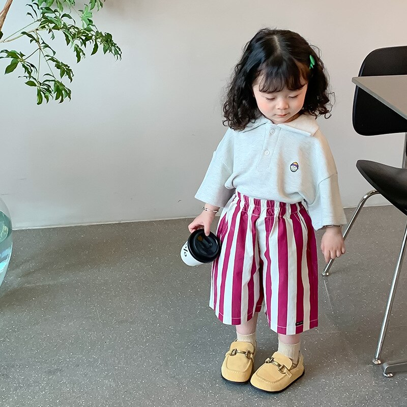Kids Zomer Verticale Streep Losse Kalf Lengte Broek Jongens En Meisjes Katoen Alle-Match Wijde Pijpen Midden Broek