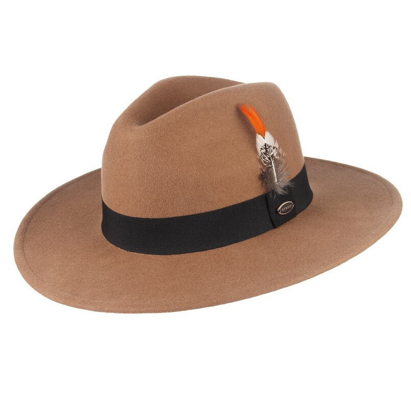 Gemvie bred skygge kvinder 100%  uld fedora vinter filt hat til mand stribet fjer band efterår panama jazz cap: Kamel