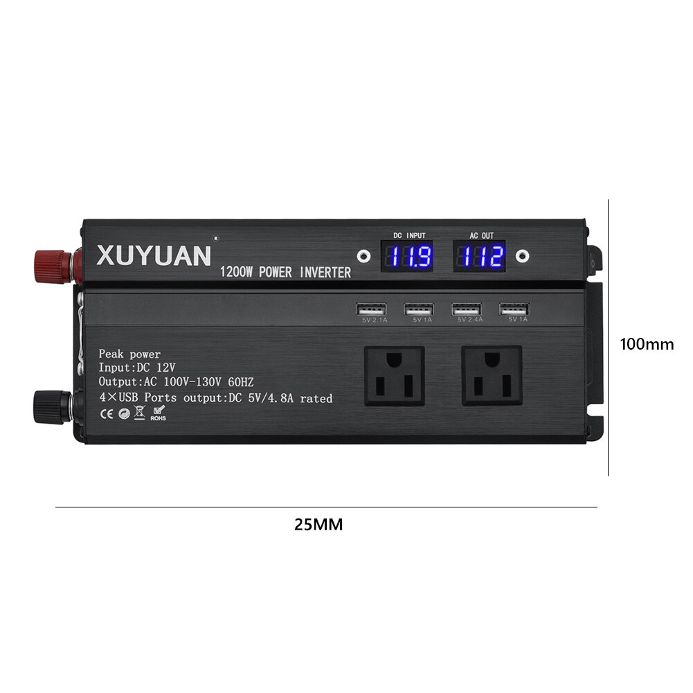 Inverter 1200W DC 12V 24V to 110V AC Power Inverter Converter with 3 AC Outlets + 4 USB Ports Car Micro Inverter