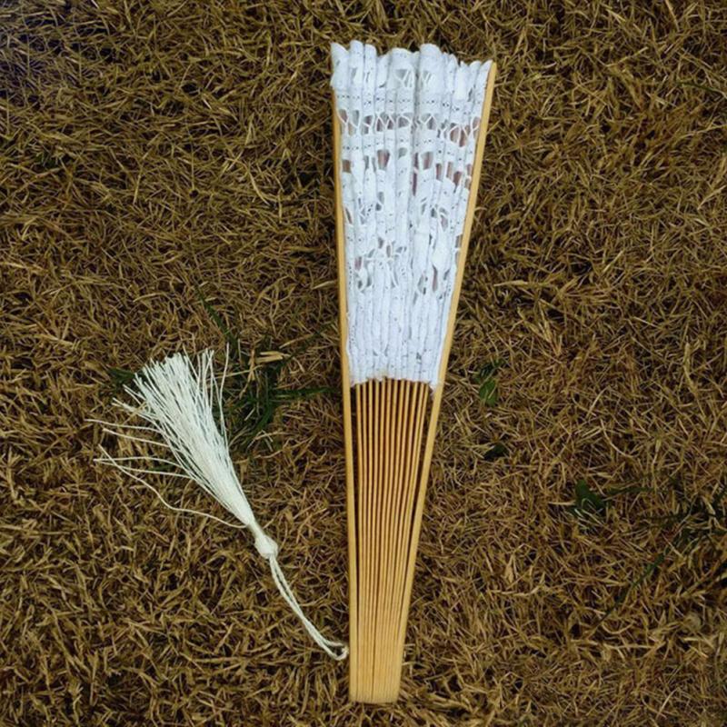 Portable Dancing Props Hand Fan Wedding Bamboo Bone Tassel Folding Lace Photography Hollowed Out Handmade Accessories #63