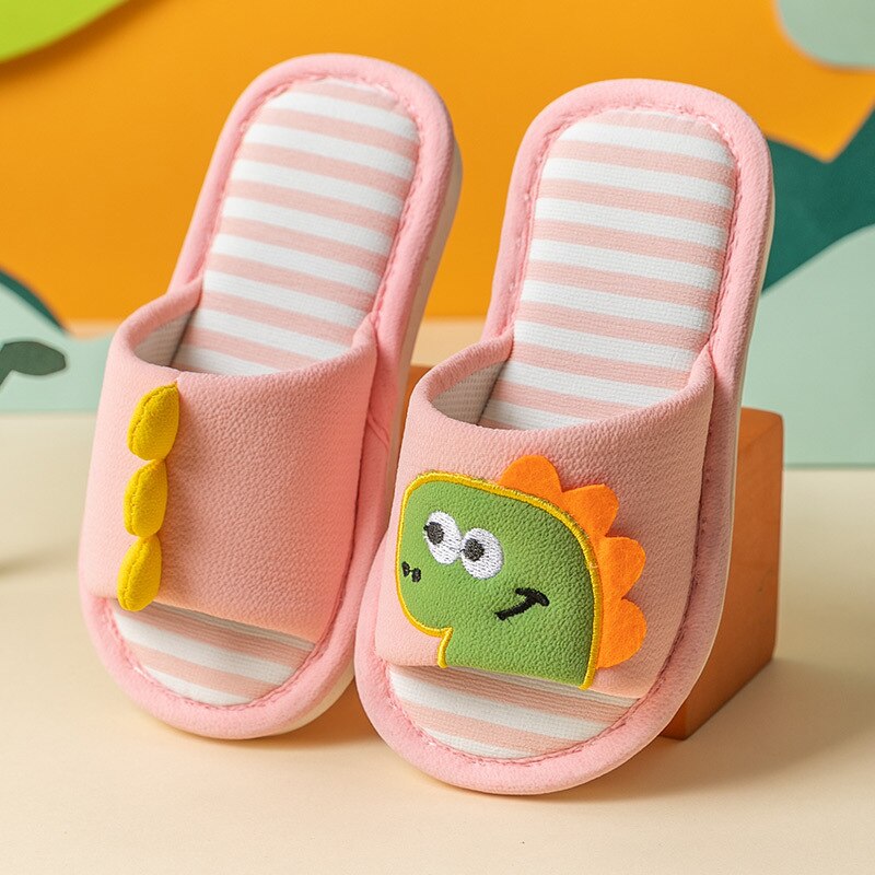 Printemps automne enfants pantoufles pour garçons filles fond souple anti-dérapant intérieur maison chaussures enfants dinosaure respirant lin pantoufles: pink / 2627
