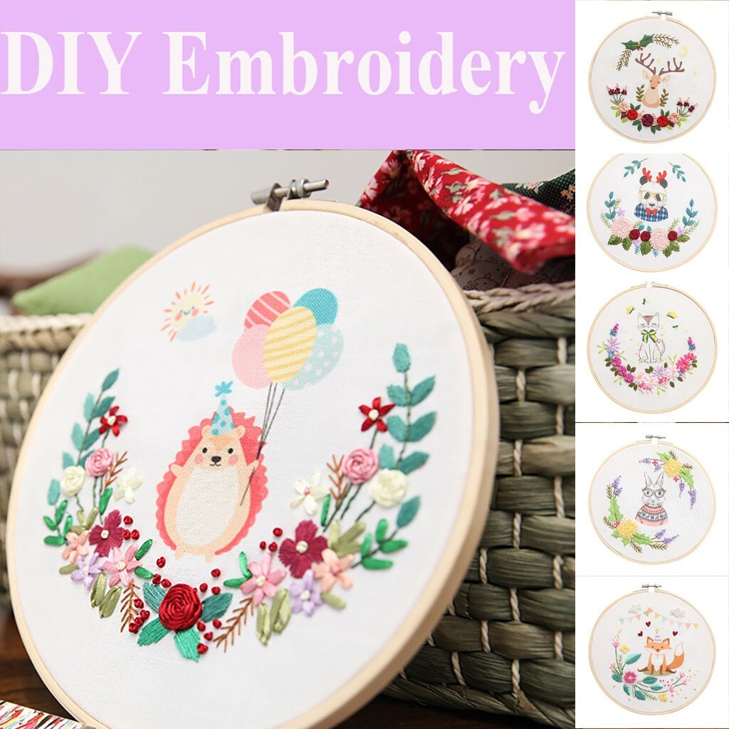 Cross Stitch DIY Stamped Embroidery Starter Kit Cute Animal Pattern Embroidery Cloth Color Threads Tools Kit Bordado