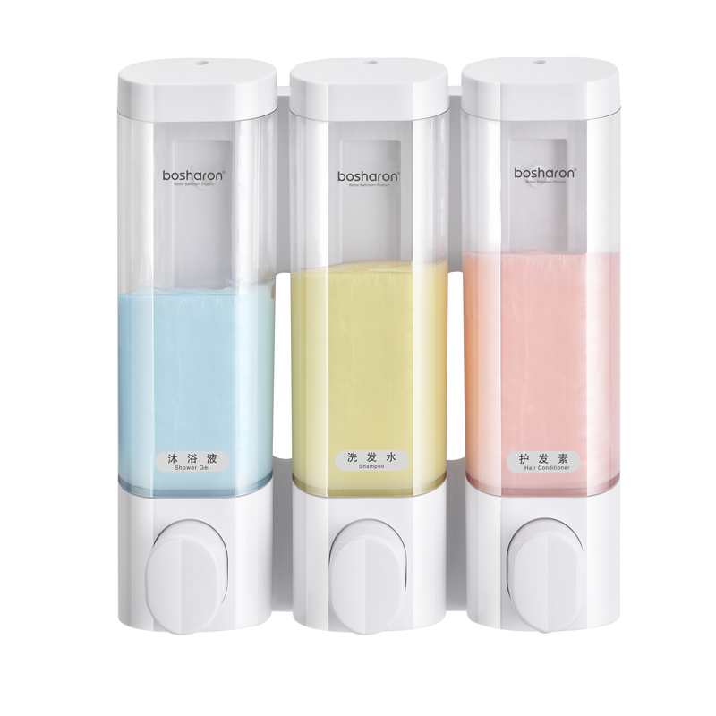 Sæbedispenser vægmonteret manual 3 kammer plastik 300ml transparent hvid badeværelse shampoo dispenser til brusebad hotelkøkken: Gennemsigtig tredobbelt