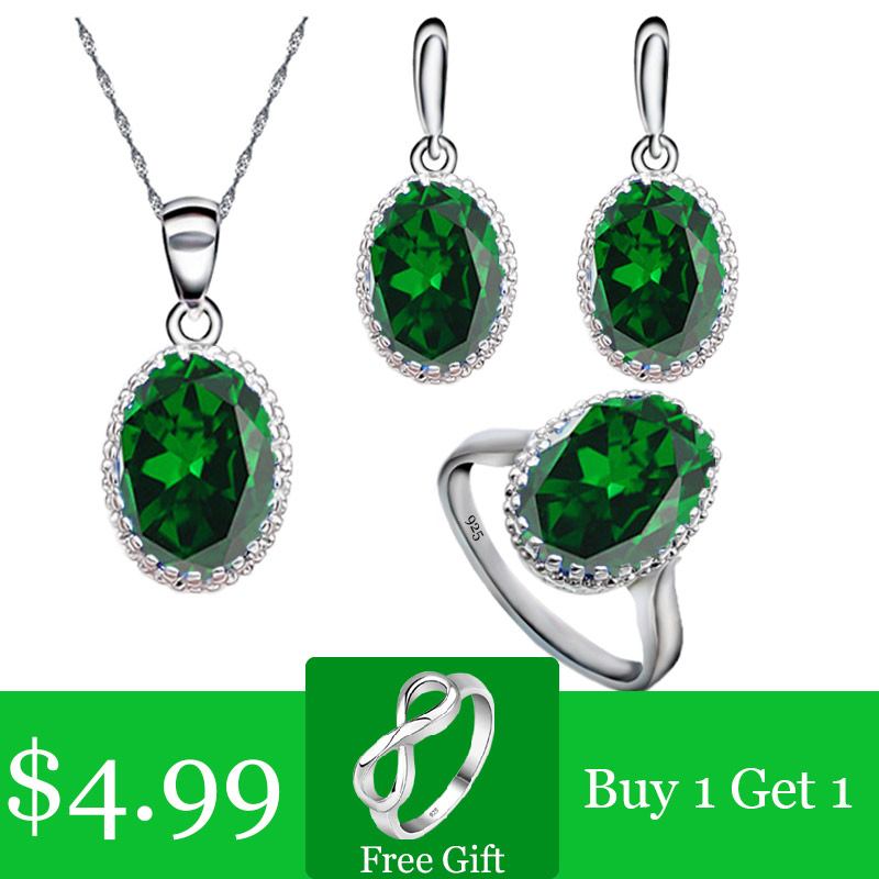 Red Ruby 925 Sterling Silver Jewelry Set for Women Free Ring Necklace Pendant Wedding Jewelry: Green / 10