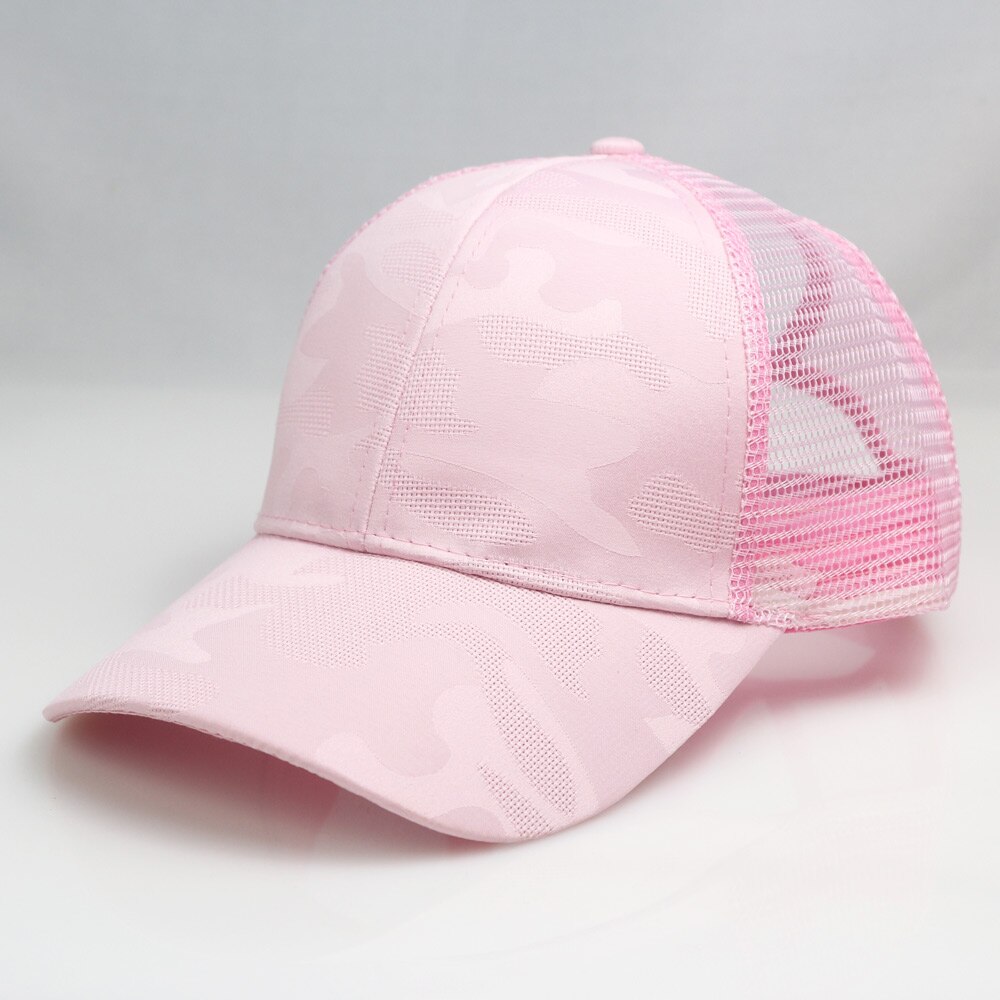 Dames roze baseballpet met camouflagepatroon, rommelige hoge knot, paardenstaart, mesh truckerpet, verstelbaar