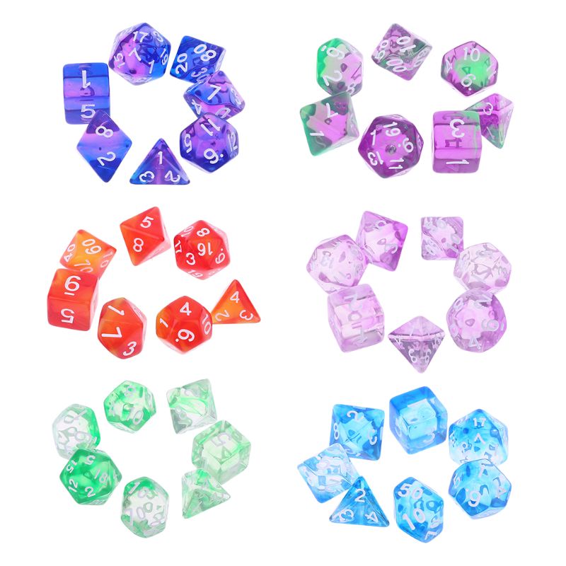 7pcs Transparent Sided Dice D4 D6 D8 D10 D12 D20 &amp; Dragon D&amp;D RPG Poly Table Board Game Set