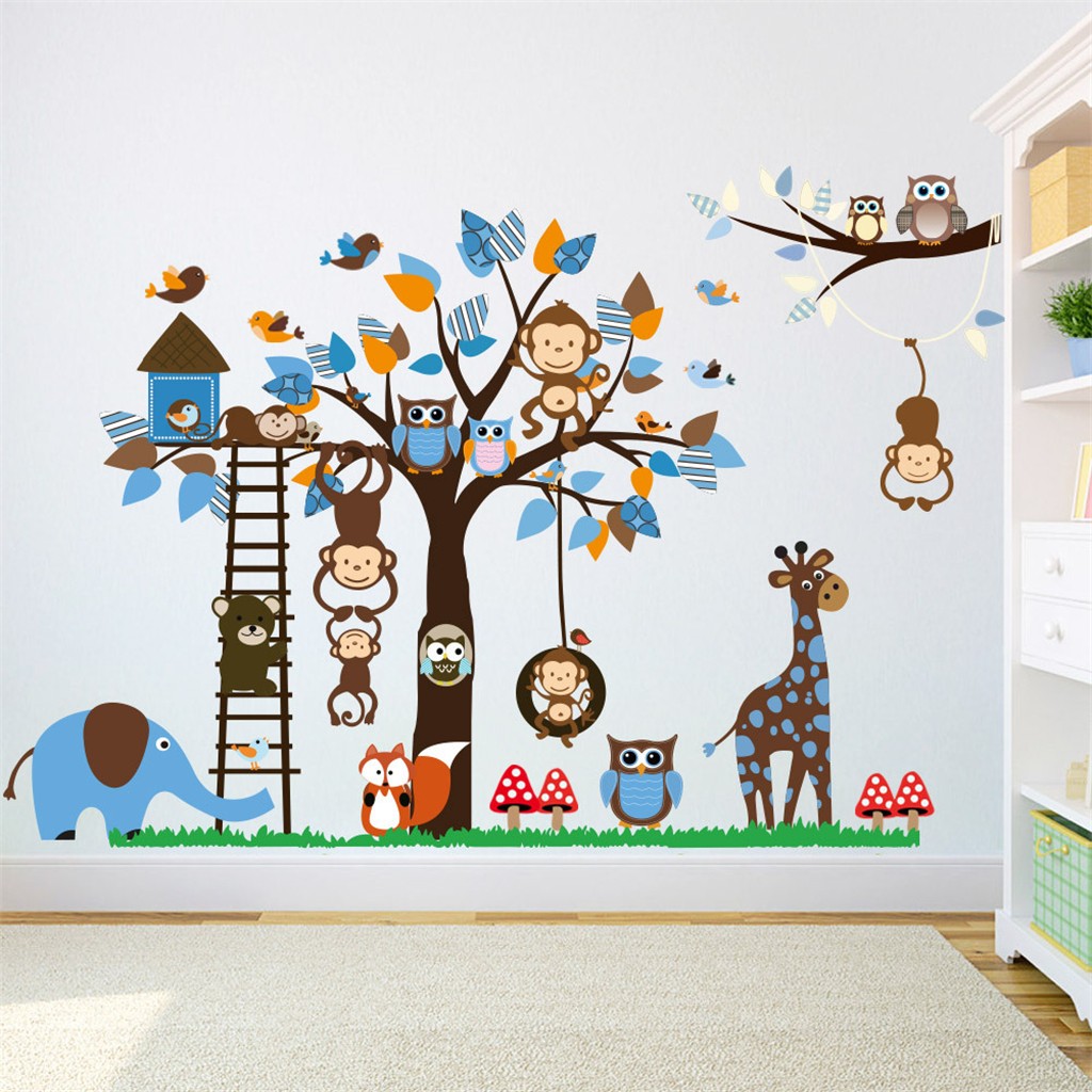 Grote Boom Dier Muurstickers Voor Kinderkamer Decoratie 1213. Aap Uil Dierentuin Cartoon Diy Kinderen Baby Thuis Decal Mural #0204g10