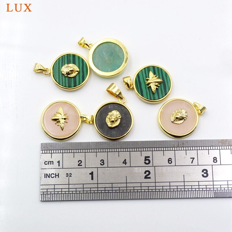 Bee Lion Round Gems stone Pendants Gold-Plated amethysts Rose Quartzs Lapis Amazonite Black Onyx Agates Coin Charms For Jewelry