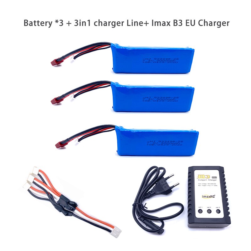 Aggiornamento 7.4V 3000mAh Lipo Batteria Per Wltoys 1/14 144001 RC Auto Giocattolo Pezzi di Ricambio 2s 7.4V batteria T Spina Per 144001 Parti di Batteria: 3Bat3in1LineB3EUCH