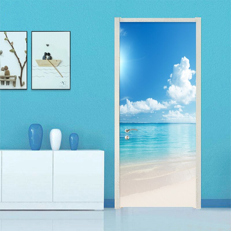 Cielo blu E Nuvole Bianche Paesaggio Adesivo Porta 3D Semplice Complementi Arredo Casa Della Parete Carta Da Parati Murale Porta del Soggiorno Decalcomanie Adesivi 3 D