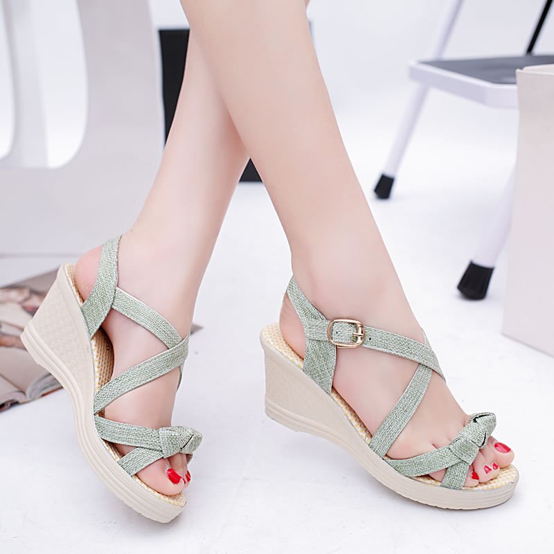 Peep Toe Cross-Strap Med Front Rear Strap Platform Wedges Women Sandals Solid Women Shoes Wedges Buckle Strap Sandals: Sky blue / 34