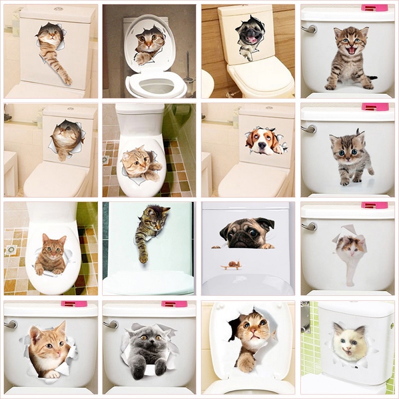 Nette Katze Hund Wc Aufkleber Dekoration Diy Lustige Karikatur Ebene Wc Wandbild Kunst lebendig 3d Kätzchen Welpen Safari Pvc Zauberstab Aufkleber