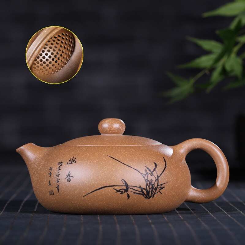 På rea märkta yixing zisha tekanna chahu platta xishi krukor äkta lila lera original malm kungfu tekanna boll-infuser hål