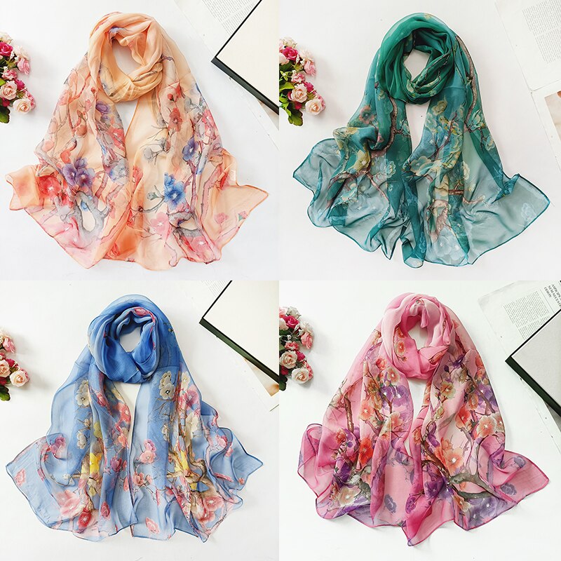 Mode Zon Zijden Sjaal Vrouwen Bloem Georgette Bandana Elegante Zee Strand Shawl Soft Hijab Lange Dunne Zijden Sjaal