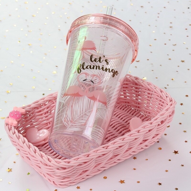 500ml flamingo plast resor te kaffe mugg halm kopp tubuli med lock söt tecknad dricka dubbel vägg för mjölk juice vatten