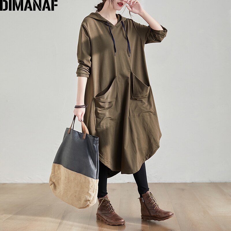 DIMANAF vestido para mujer en tallas grandes de manga larga de algodón con capucha básica Lady Vestidos bolsillos suelto sudaderas con capucha primavera ropa para mujer
