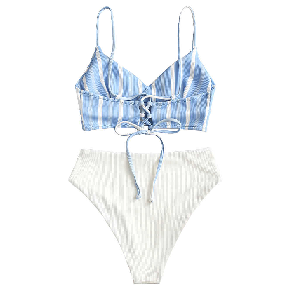 Zaful Strepen Geribbelde Back Lace Up High Waisted Tankini Badmode