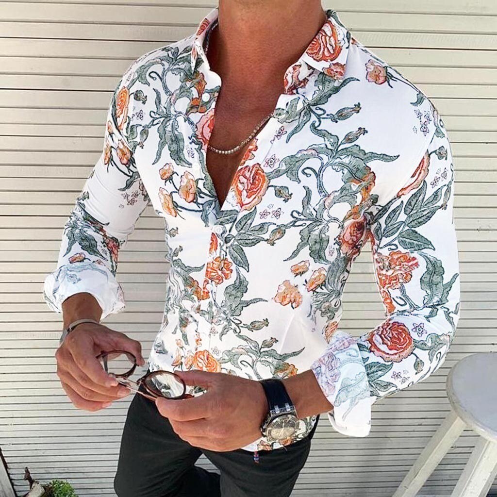 chemise à fleurs pour hommes à manches longues chemise décontracté Rose fleur 3d imprimé col rabattu chemise ajustée pour hommes vêtements