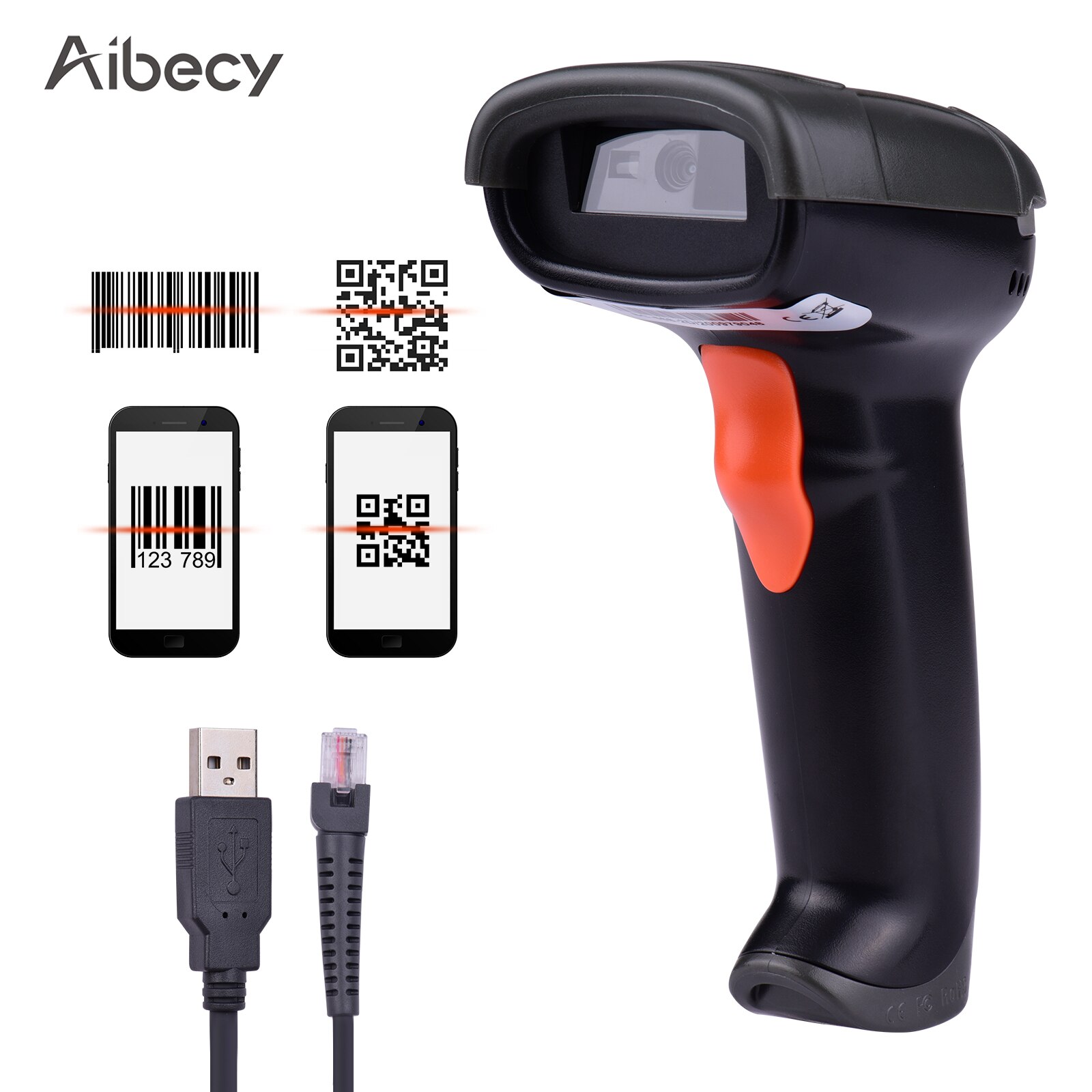 Aibecy Handheld USB Wired 1D2D/QR Barcode Scanner Bar Code Reader Manual Trigger/Auto Continuous Scanning Support Screen Code