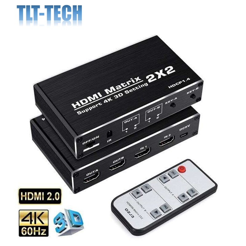4K60Hz HDMI Matrix 2x2 Switch Splitter Support HDCP 1.4 IR Remote