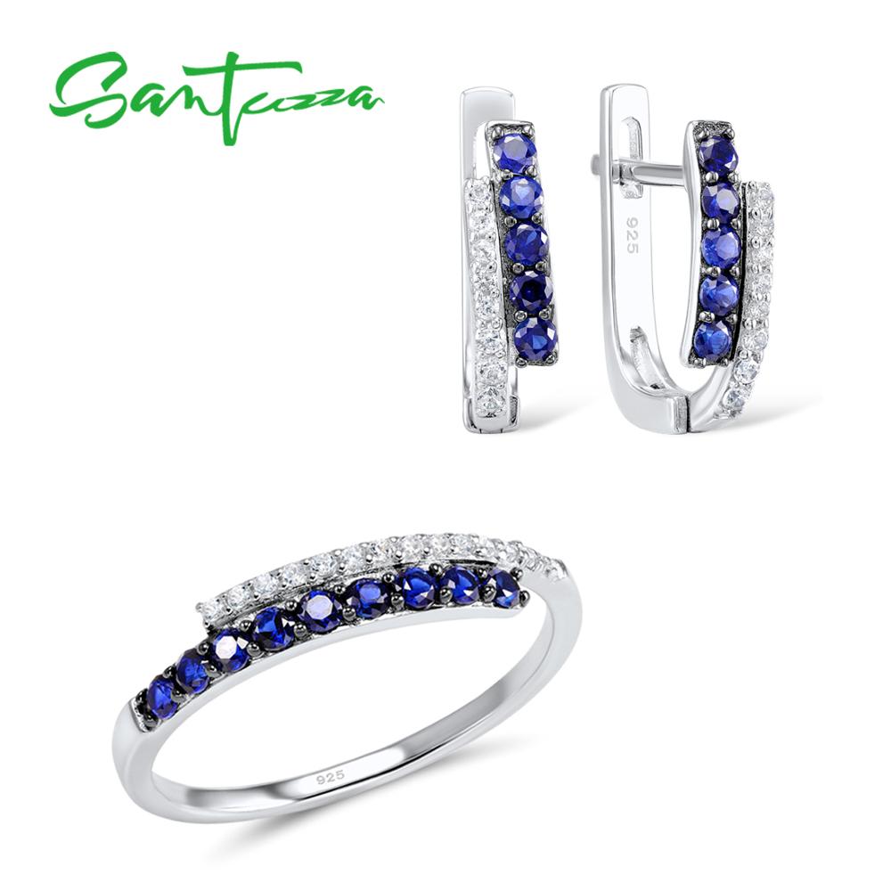 SANTUZZA Schmuck einstellen für Frauen Blau Nano Zirkonia Schmuck einstellen Ohrringe Ring einstellen 925 Sterling Silber Schmuck einstellen