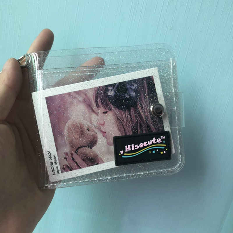 Summer Transparent Clutch Wallets PVC Folding Lanyard Short Wallet Girl Glitter ID Card Holder Business Card Case Purse: white