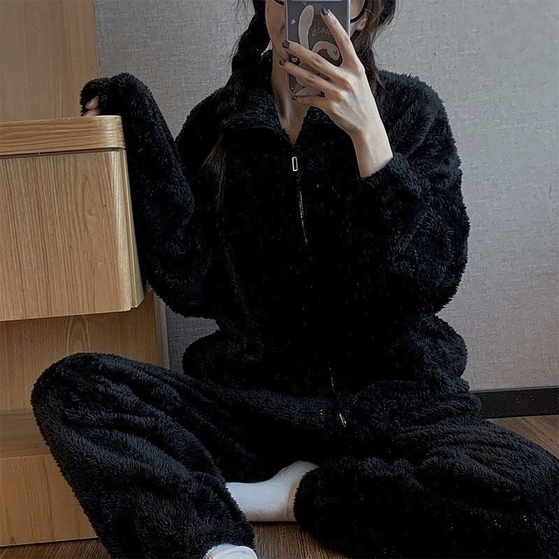 Vinter pyjamassæt til kvinder med lynlås rullekrave toppe buksedragter varme dametøj & #39 ;s #39 pyjamassæt hjemmedragt til kvinder