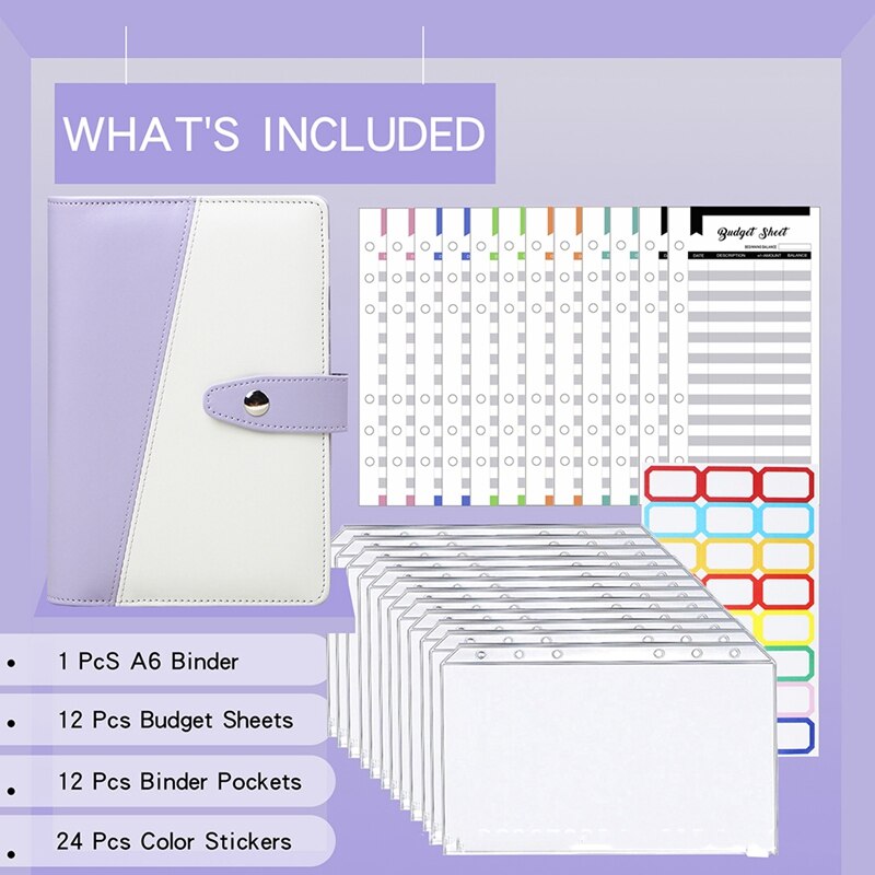 A6 Binder PU Leather Budget Planner Refillable 6 Round Rings Binder Cover Notebook Folder with Envelopes