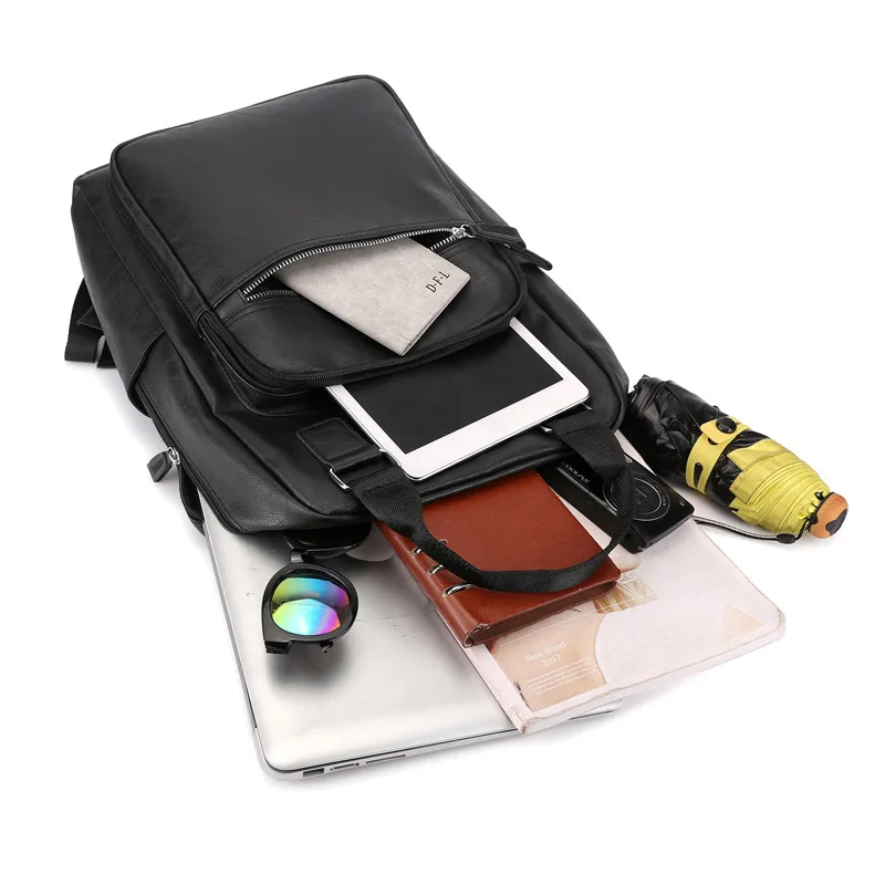 black work backpack PU leather bag man shoulder bags Waterproof male backpack 15.6 inch laptop computer bag boys school backpack