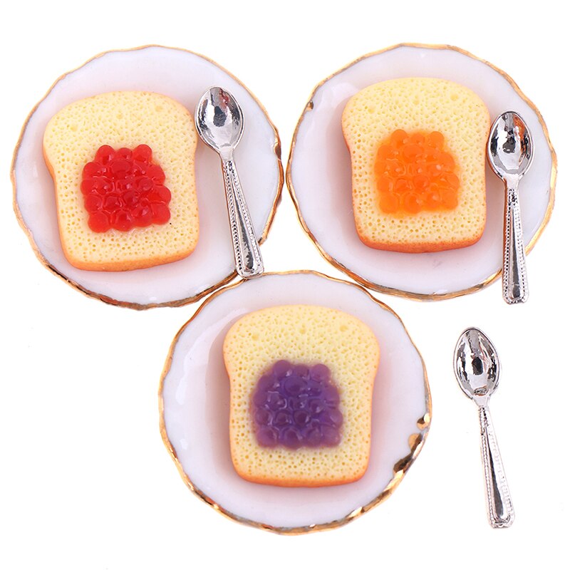 3Pcs/set 1:12 Dollhouse Mini Toast With Small Plate Spoon Miniature Dollhouse Accessories Cute Decoration Toast