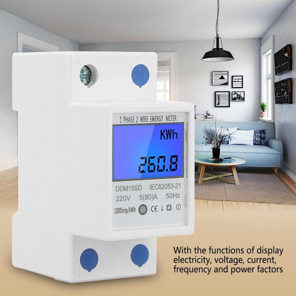 Single-phase LCD DIN Rail Energy Meter Digital Electric DDM15SD 2P Multi-function With Backlight Display 5-80A
