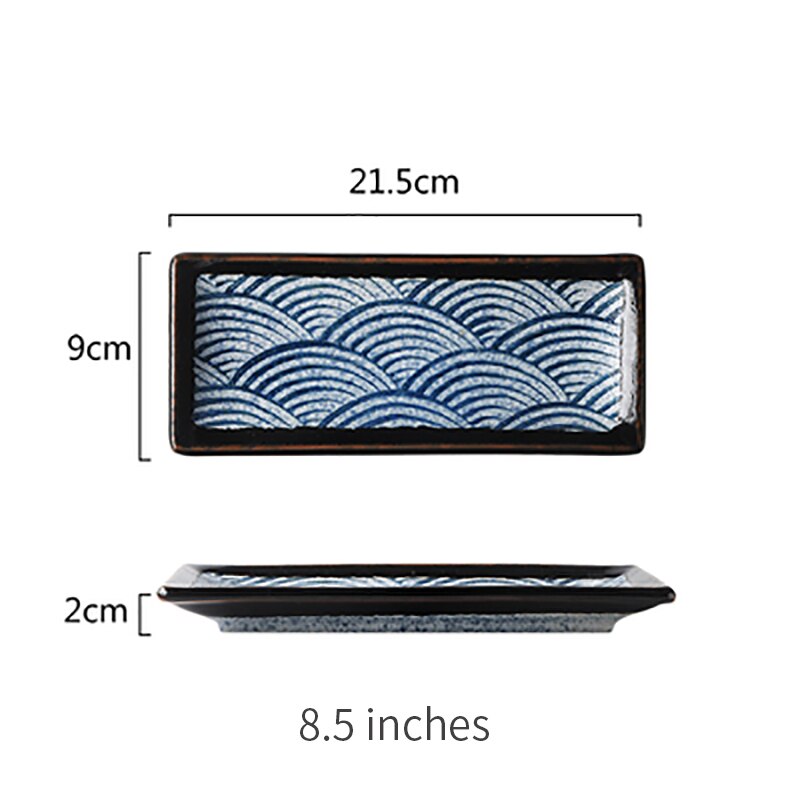 Blue wave pattern Ceramic plate Western tableware Steak dish porcelain plate Home kitchen rectangle square serving platter: 8.5 inches