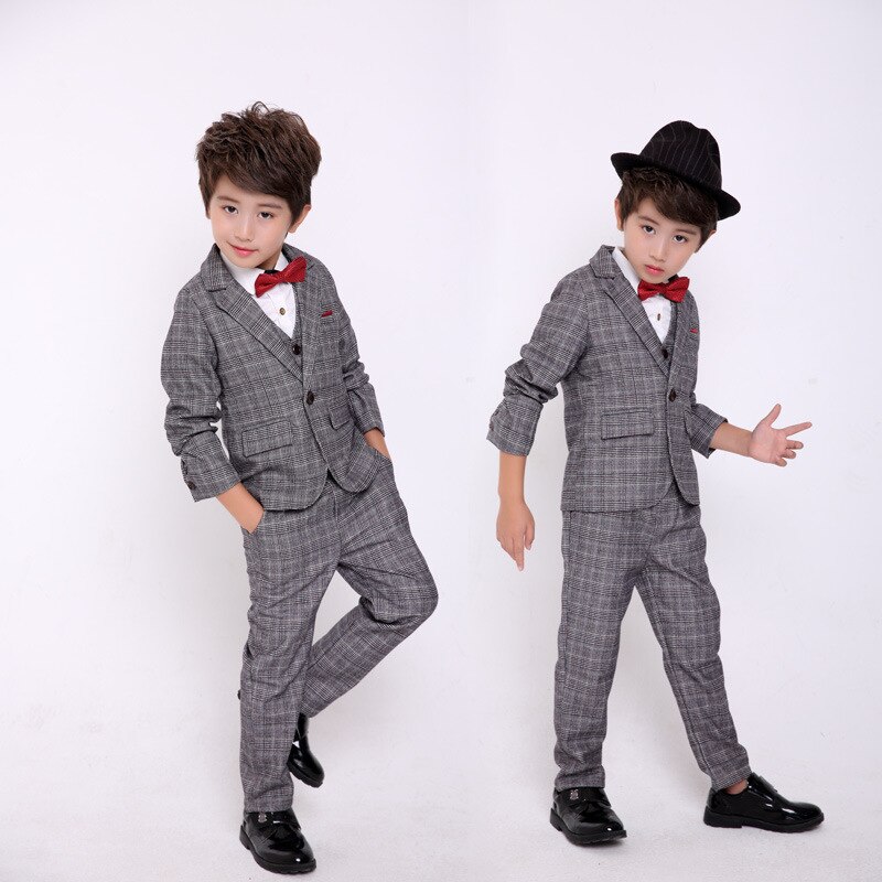 Crianças primavera outono ternos de vestido formal conjuntos flor meninos do casamento formatura escola terno conjunto crianças xadrez blazer colete calças 3 pçs roupa
