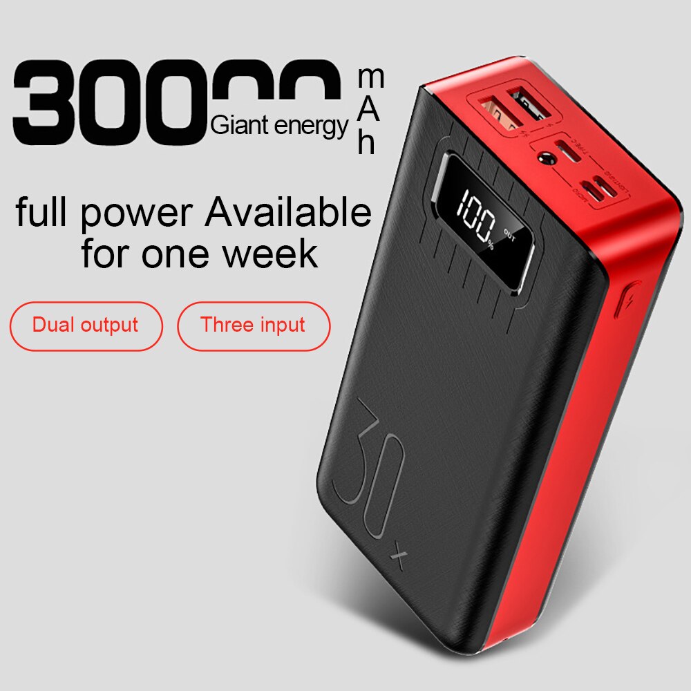 30000mAh Power Bank Type C Micro USB QC Fast Charging Powerbank For Xiaomi iPhone LED Display Portable External Battery Charger