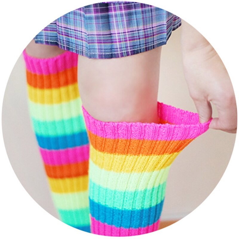 Women 80s Retro Party Ribbed Knit Leg Warmers Neon Rainbow Multicolor Striped Foot Cover Sleeve Ballet Dance Sport Knee High