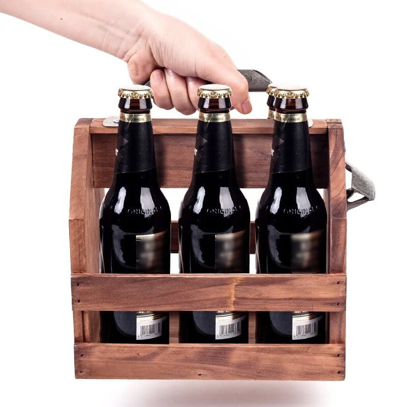 Casier à vin en bois 6-Pack vin bière boisson transporteur armoire Champagne bouteilles boîte de rangement avec décapsuleur en métal