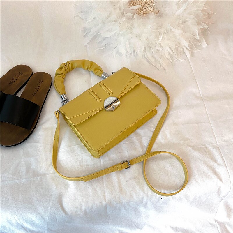 Effen kleur geplooide flip tote tas hoge pu leren dames handtas slot schoudertas messenger bag: Geel