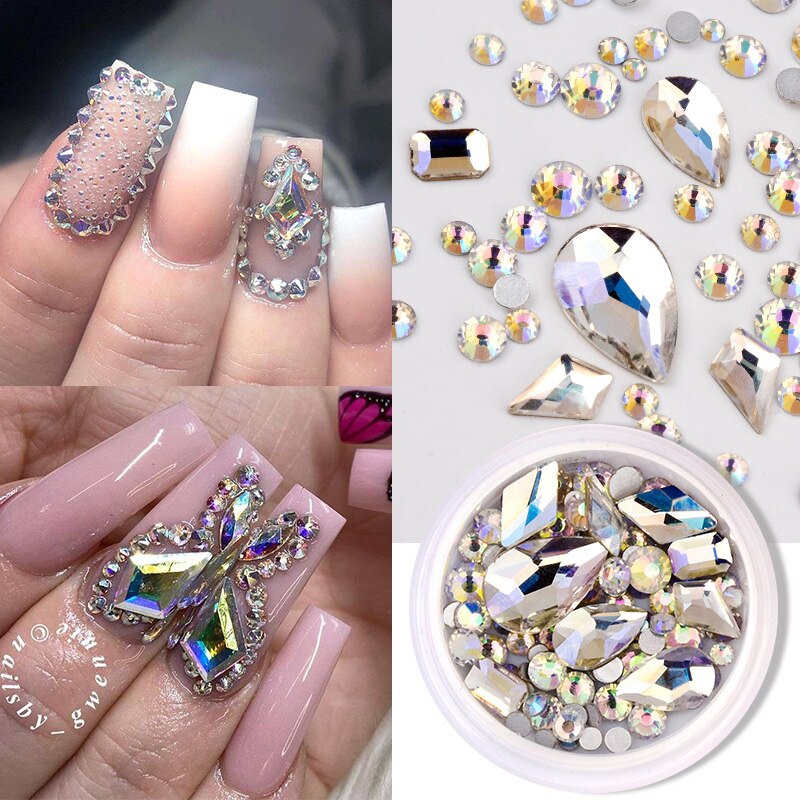 1 Box Nail Strass Ab Kleur Platte Terug Bottom Bling Crystal Mixed Size Vorm Gems Kralen Kleurrijke 3D Nail Art decoraties
