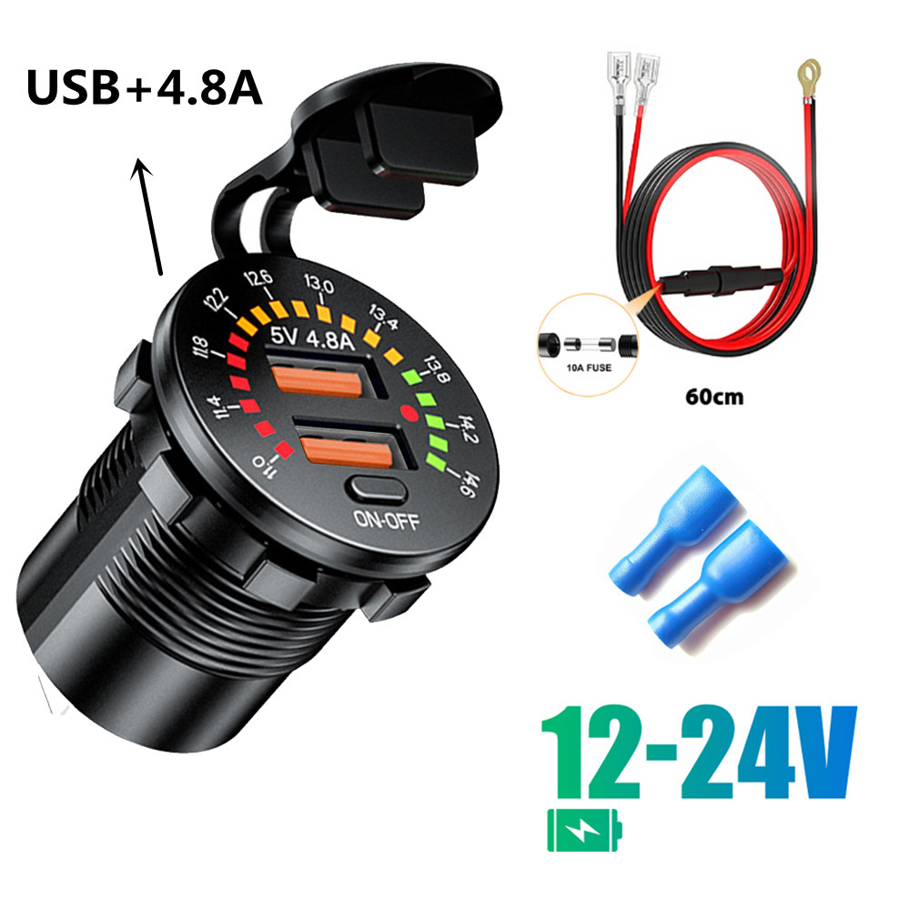 Cargador de coche USB Dual QC 3,0, 36W, 12V, 24V, salida PD impermeable, carga rápida con voltímetro LED, interruptor de encendido y apagado, accesorios para coche: YELLOW