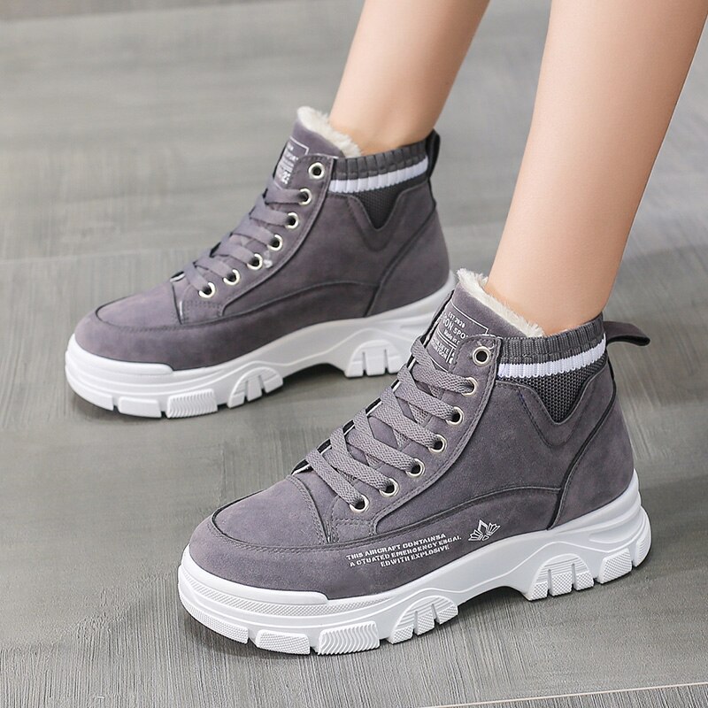 Zapatillas de deporte de felpa para mujer, zapatos planos, tenis, invierno,: Gris / 35