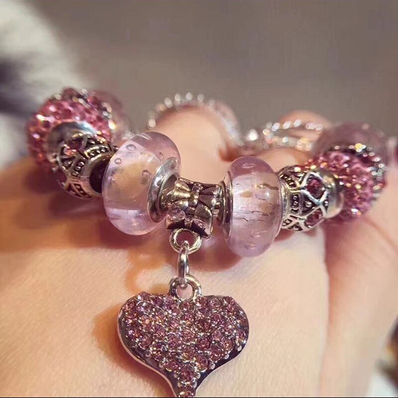 Roze kristallen liefdeshart bedelarmband voor vrouwen, europese doe-het-zelf kralenarmbanden en bangles als verliefde stellen pulseira