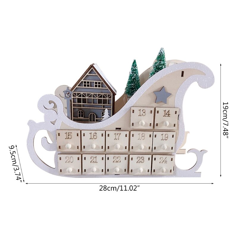 House Sleigh Wooden Advent Calendar Countdown Christmas Party Decor 24 Drawers L4MB