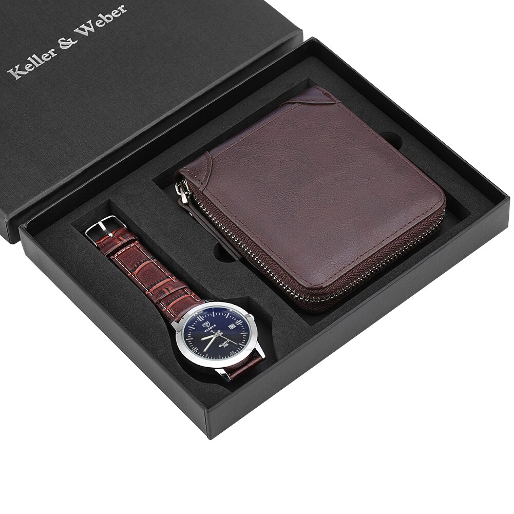 Speciale horloge portemonnee set quartz horloge leren portemonnee datum horloge kerst aan vader echtgenoot zoon heren horloge heren: C